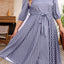 Gray Striped Tie Waist 3/4 Sleeve Plus Size Dress