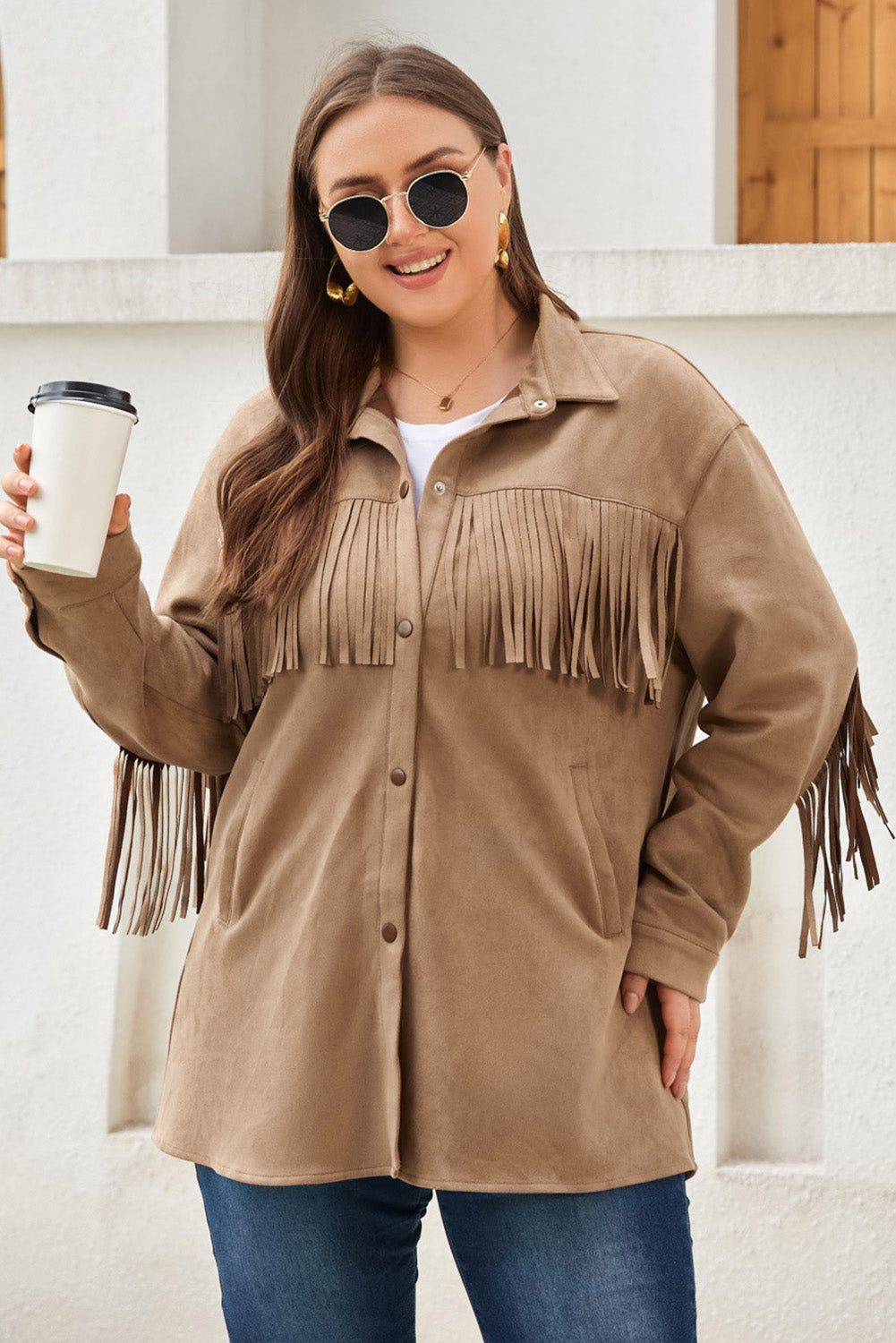 White Fringe Trim Plus Size Suede Shacket