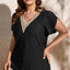 Black Guipure V Neck Plus Size Eyelet Embroidered Top