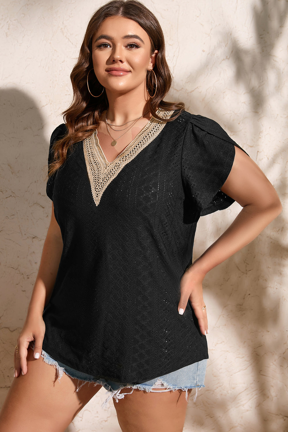 Black Guipure V Neck Plus Size Eyelet Embroidered Top