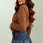 Brown Solid Color Quilted Puff Sleeve Pullover Sweatshirt