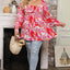 Fiery Red Plus Size Floral Sweetheart Neck Babydoll Blouse