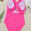 Rose Red Deep V Neck Crossover Backless Ruched High Cut One Piece Swimsuit