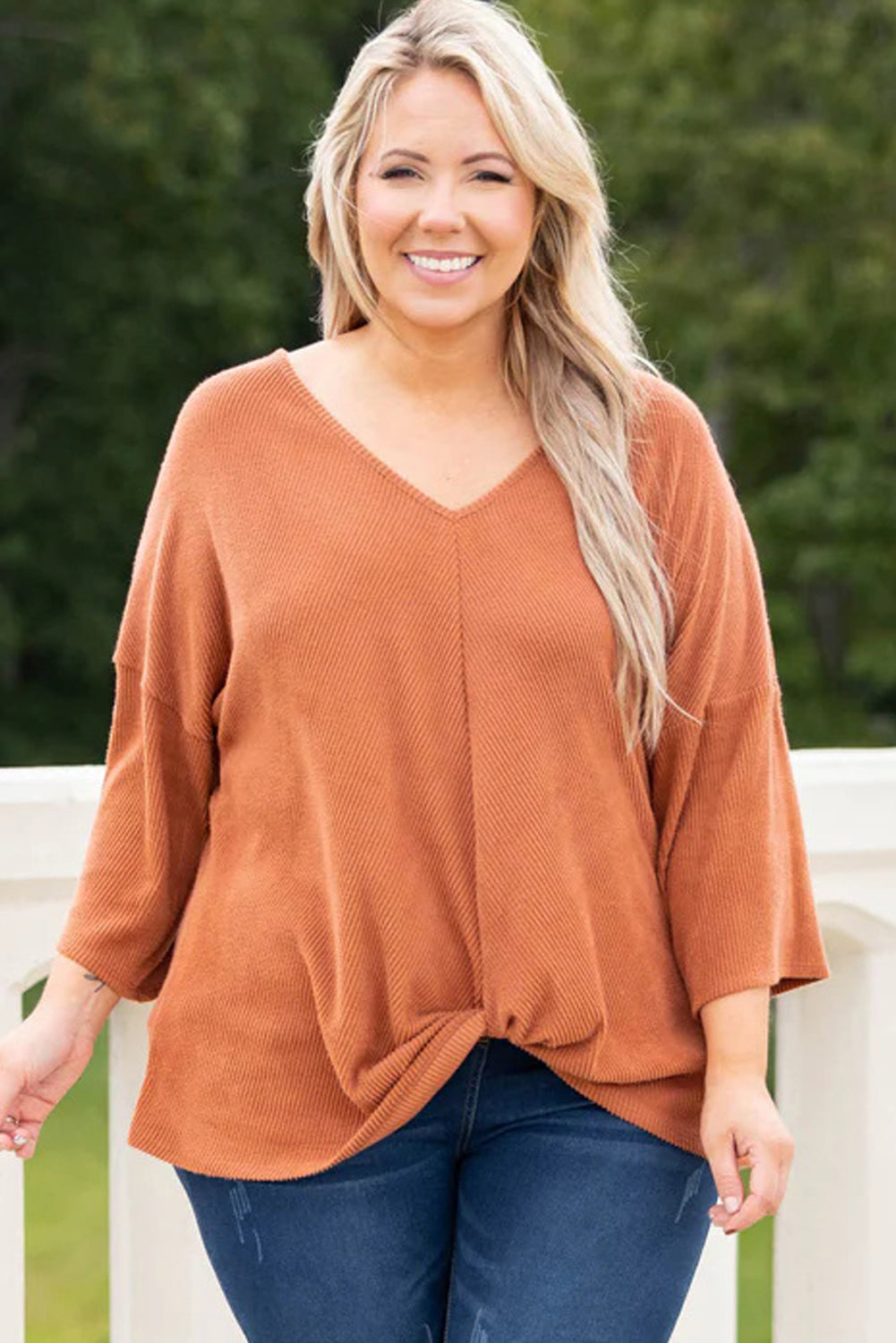 Gold Flame Plus Size Twist Hem Bracelet Sleeve Ribbed Top