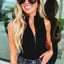 Black Zip up Mock Neck Ribbed Sleeveless Bodysuit