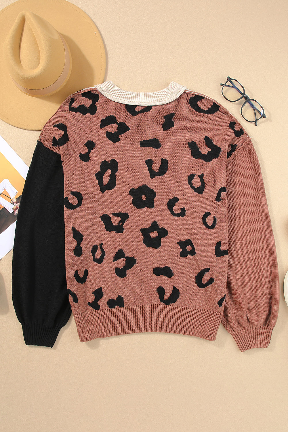 Coffee Leopard Print Colorblock Pullover Sweater