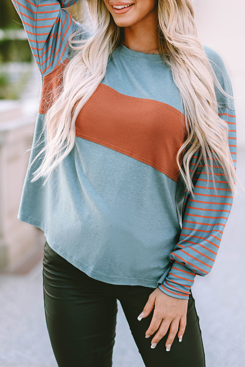 Peach Blossom Colorblock Striped Bishop Sleeve Top