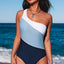 Sky Blue Color Block One Shoulder Backless One Piece Swimwear