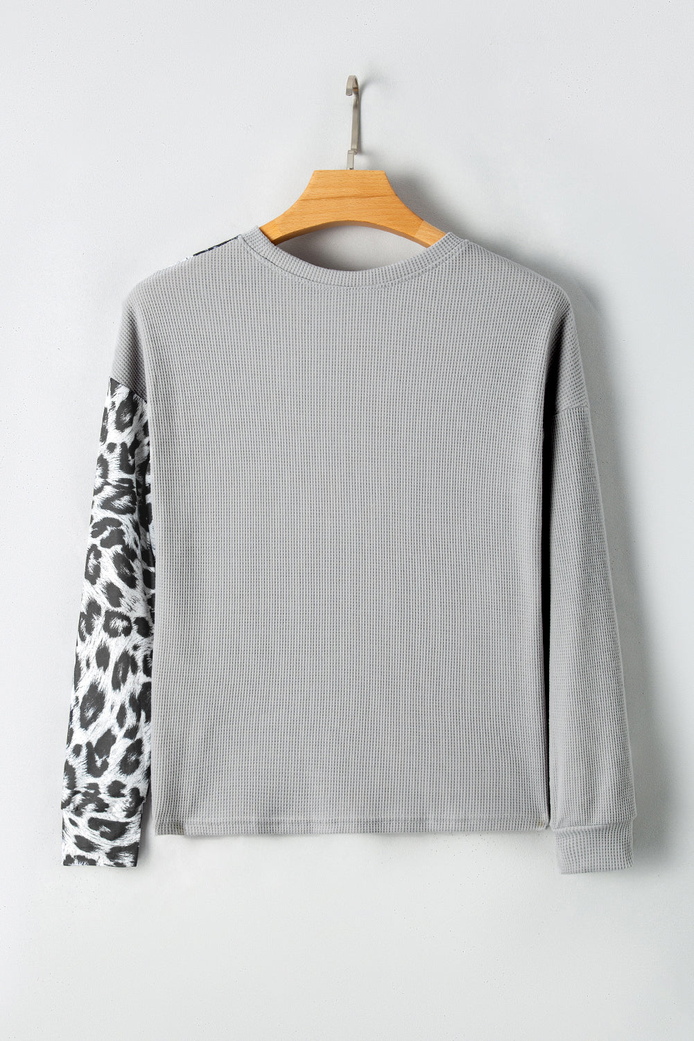 Pale Khaki Leopard Colorblock Waffle Knit Top