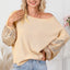 Apricot Sequin Patchwork Sleeve Open Back Waffle Knit Top