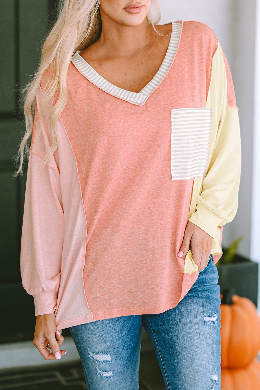 Striped Color Block Splicing Long Sleeve T Shirt