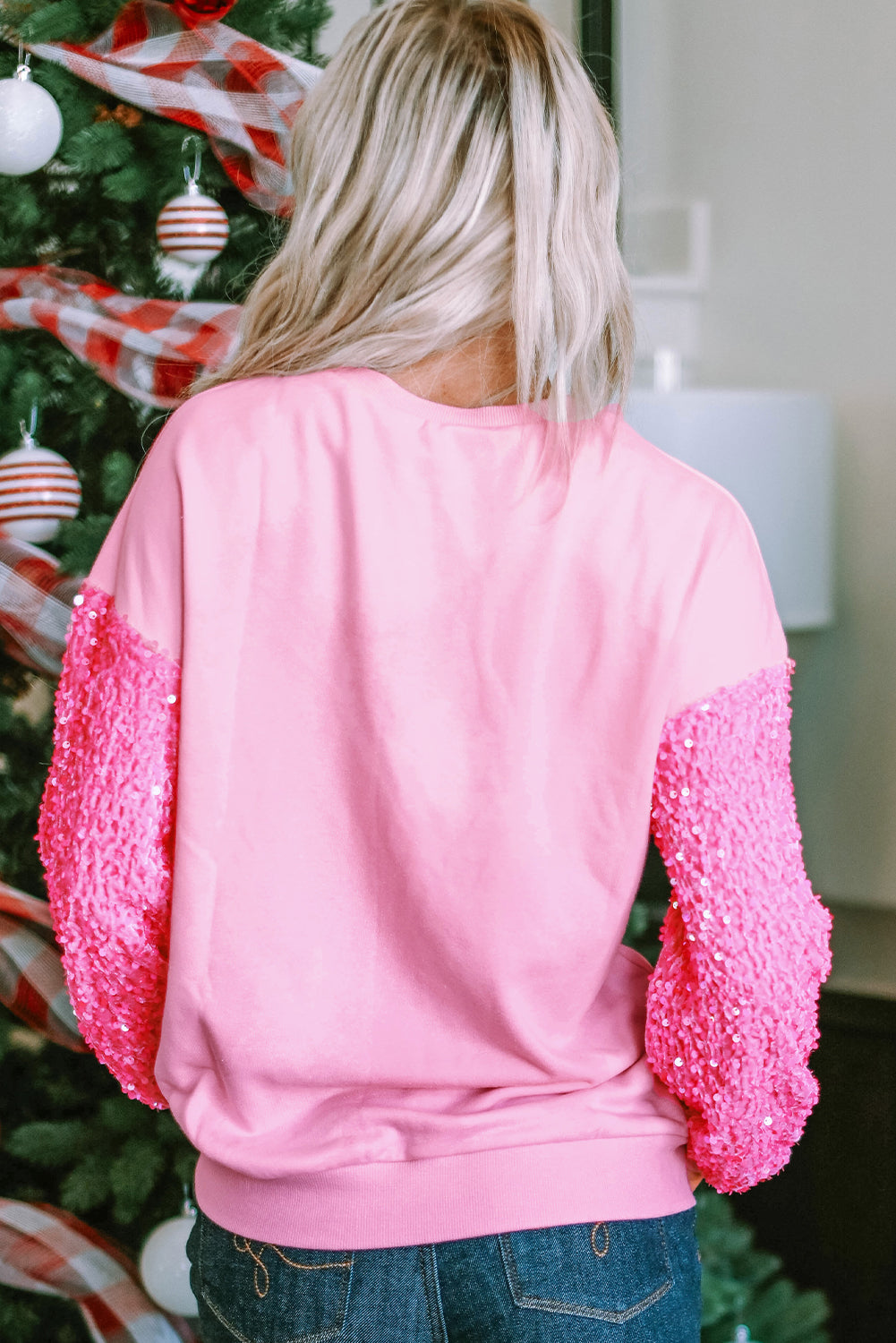 Pink Sequin Patchwork Long Sleeve Pullover Top