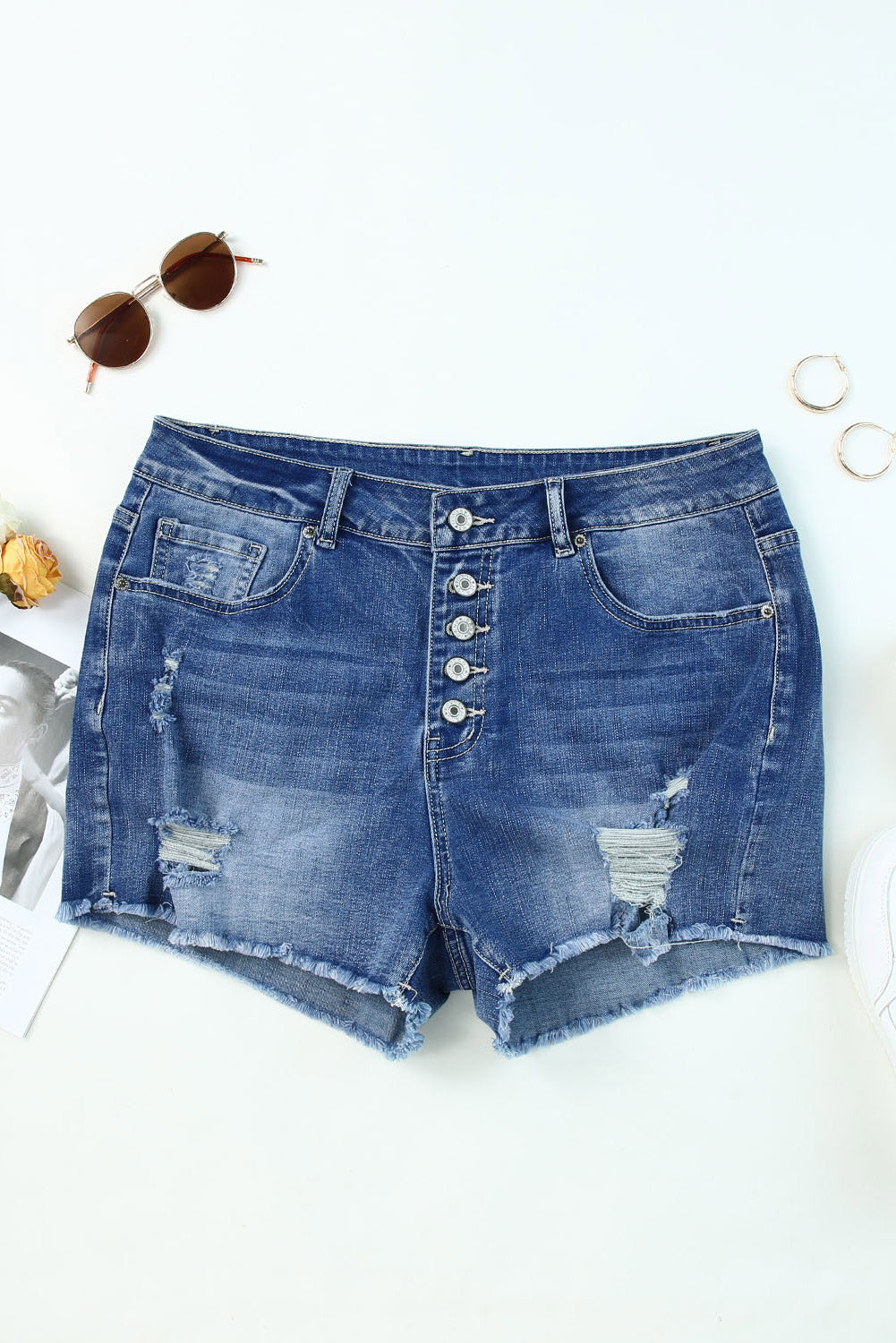 Sky Blue Quintuplicate Button Fly High Rise Plus Denim Shorts