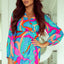 Multicolor Abstract Print Wrap V Neck Puff Sleeve Dress