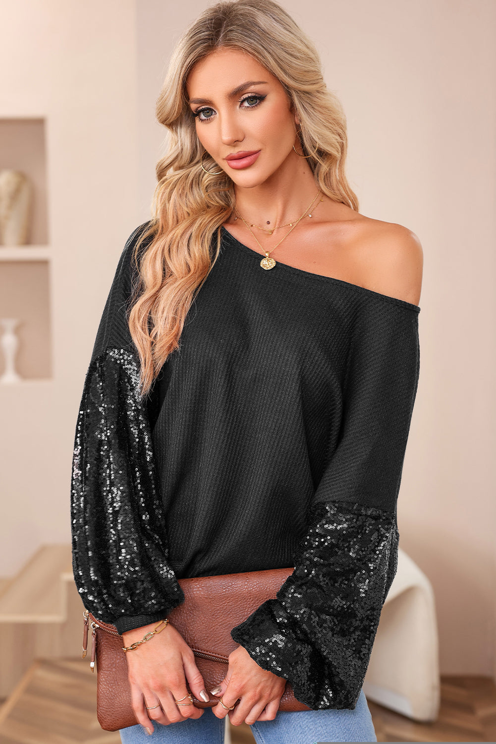 Apricot Sequin Patchwork Sleeve Open Back Waffle Knit Top