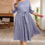 Gray Striped Tie Waist 3/4 Sleeve Plus Size Dress