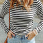 Black Striped Print Textured Knit Long Sleeve Tee