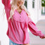 Pink Retro Frilled Seam Crinkle Puff Sleeve Blouse