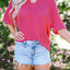 Strawberry Pink Textured Knit Split Neck Cuffed Short Sleeve Top