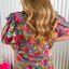 Multicolour Plus Size Floral Print Ruffle V Neck Bubble Sleeve Blouse