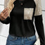 Black Sequin Patch Chest Pocket Raglan Sleeve Top