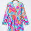 Multicolor Abstract Print Wrap V Neck Puff Sleeve Dress