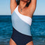 Sky Blue Color Block One Shoulder Backless One Piece Swimwear