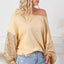 Apricot Sequin Patchwork Sleeve Open Back Waffle Knit Top