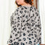 Gray Printed Leopard Balloon Sleeve Thermal Knit Plus Size Top