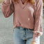 Pink Lace Waffle Patchwork Strappy V Neck Long Sleeve Top