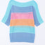 Sky Blue Knitted Eyelet Colorblock Striped Half Sleeves Top