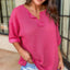 Strawberry Pink Textured Knit Split Neck Cuffed Short Sleeve Top