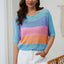 Sky Blue Knitted Eyelet Colorblock Striped Half Sleeves Top