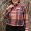 Mineral Red Plus Size Plaid Print Button Decor Asymmetric Neck Top