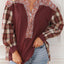 Fiery Red Floral Plaid Mixed Print Bishop Sleeve Patchwork Top