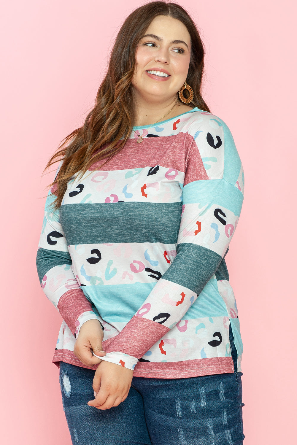 Pink Stripe Plus Size Colorblock Pullover Top