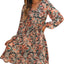 Brown Geometric Print Long Sleeve Surplice Flowy Dress