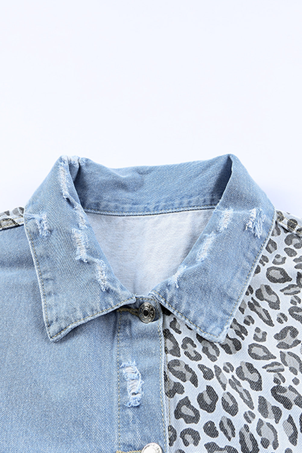 Blue Plus Size Leopard Ripped Cropped Denim Jacket