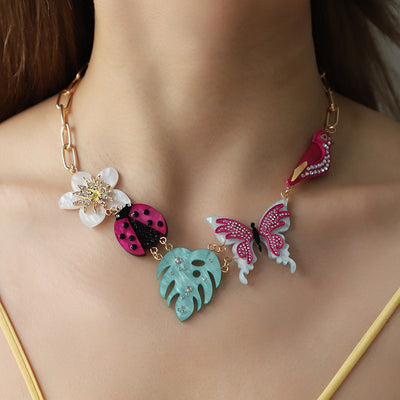 Acrylic Flower Bird Alloy Dot Diamond Necklace