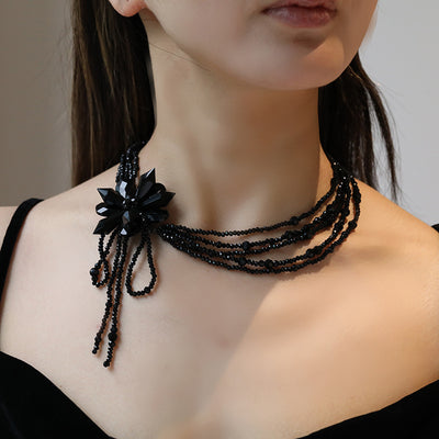 Black Crystal Long Tassel Necklace