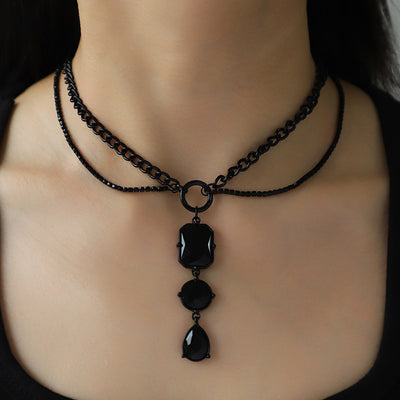 Black Double Row Glass Pendant Necklace