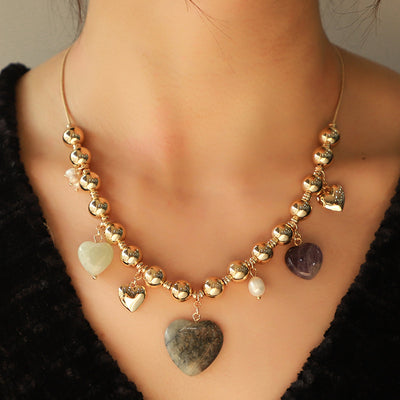 Natural Stone Heart Beaded Necklace