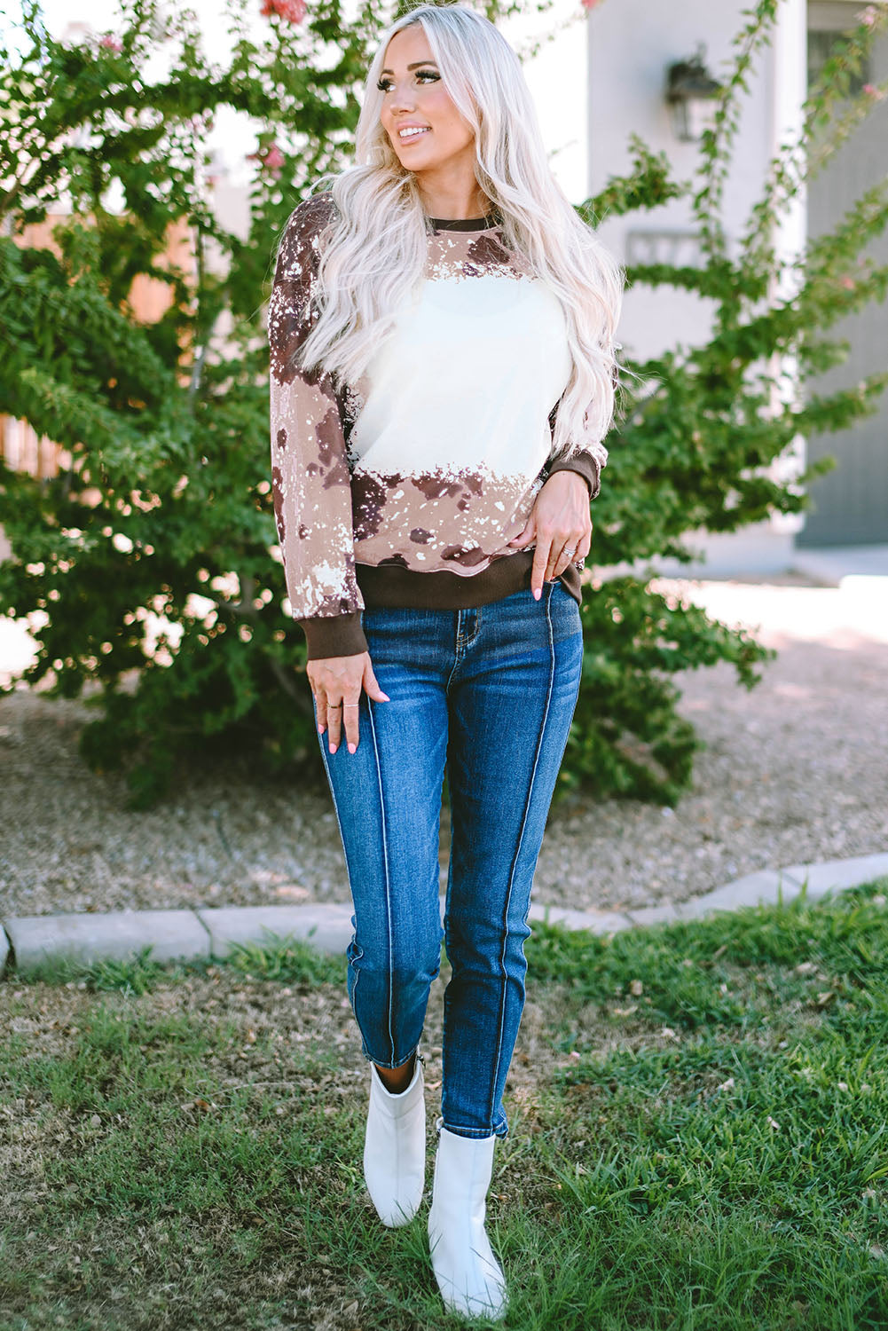 Brown Bleached Tie Dye Leopard Print Long Sleeve Top