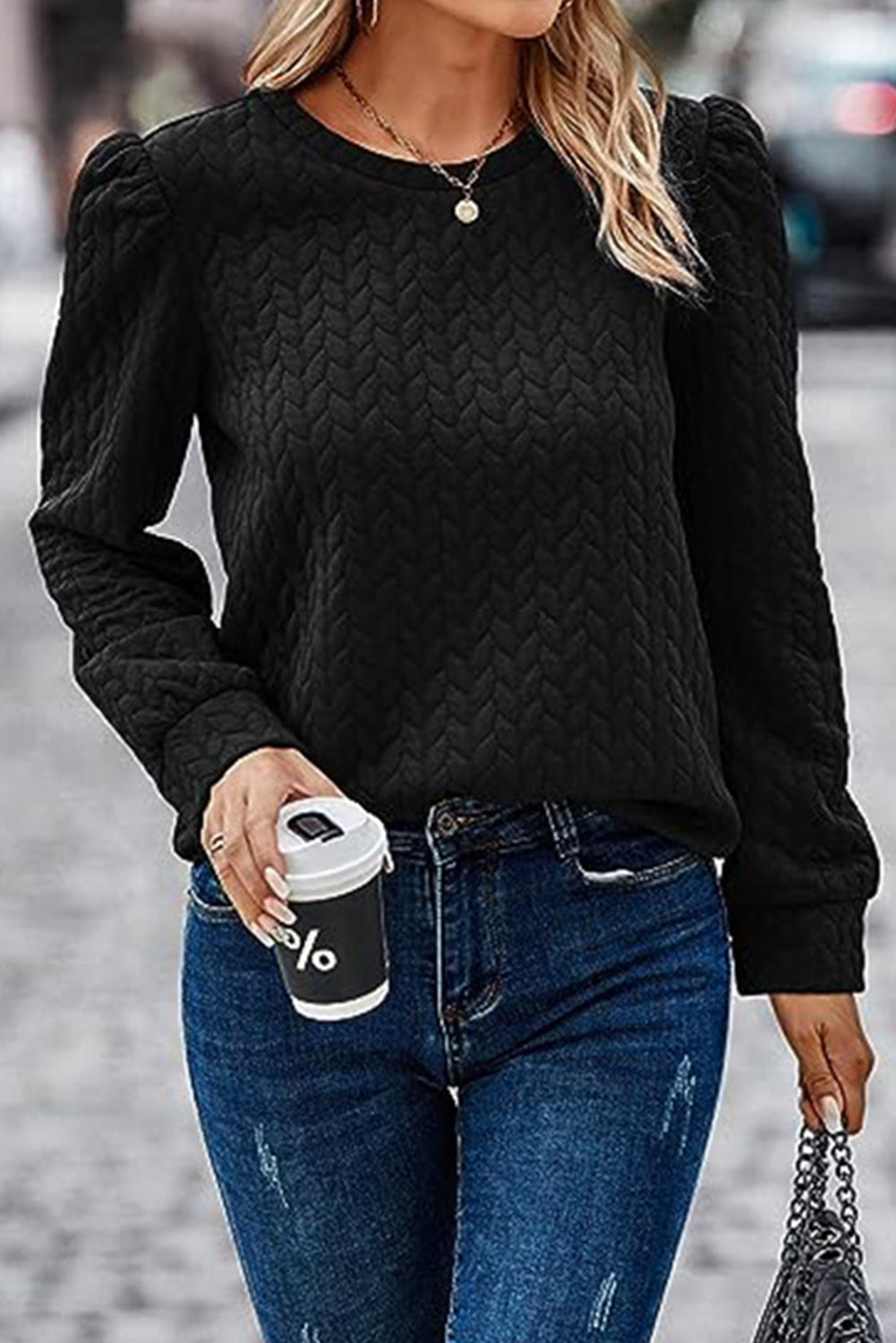 Black Cable Textured Puff Sleeve Sweatshirt