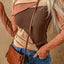 Brown Expose Seam Color Block Ribbed Knit Top