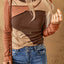 Brown Expose Seam Color Block Ribbed Knit Top