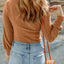 Brown U Neck Textured Long Sleeve Top