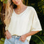 Beige V Neck Textured Split Hem Oversized Top