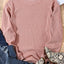 Pink Solid Ribbed Knit Round Neck Pullover Sweatshirt