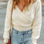 Beige Ribbed Long Sleeve Surplice Crop Sweater